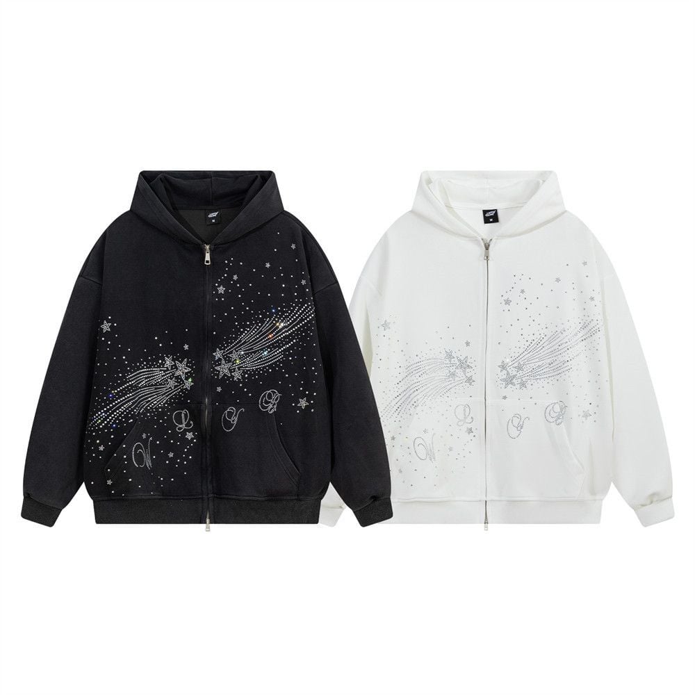Men Starry Bling Hot‑Fix Rhinestone Hooded Zip‑Up Cardigan, Hip‑Hop Street‑Style Unique Double‑Slider Zipper Sweatshirt Jacket for Spring Autumn