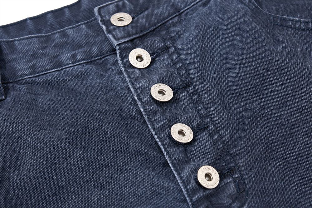 Men’s Summer Punk Street‑Style Canvas Work Shorts, Button Fly, Washed Distressed, Loose Fit, 7/8 Length