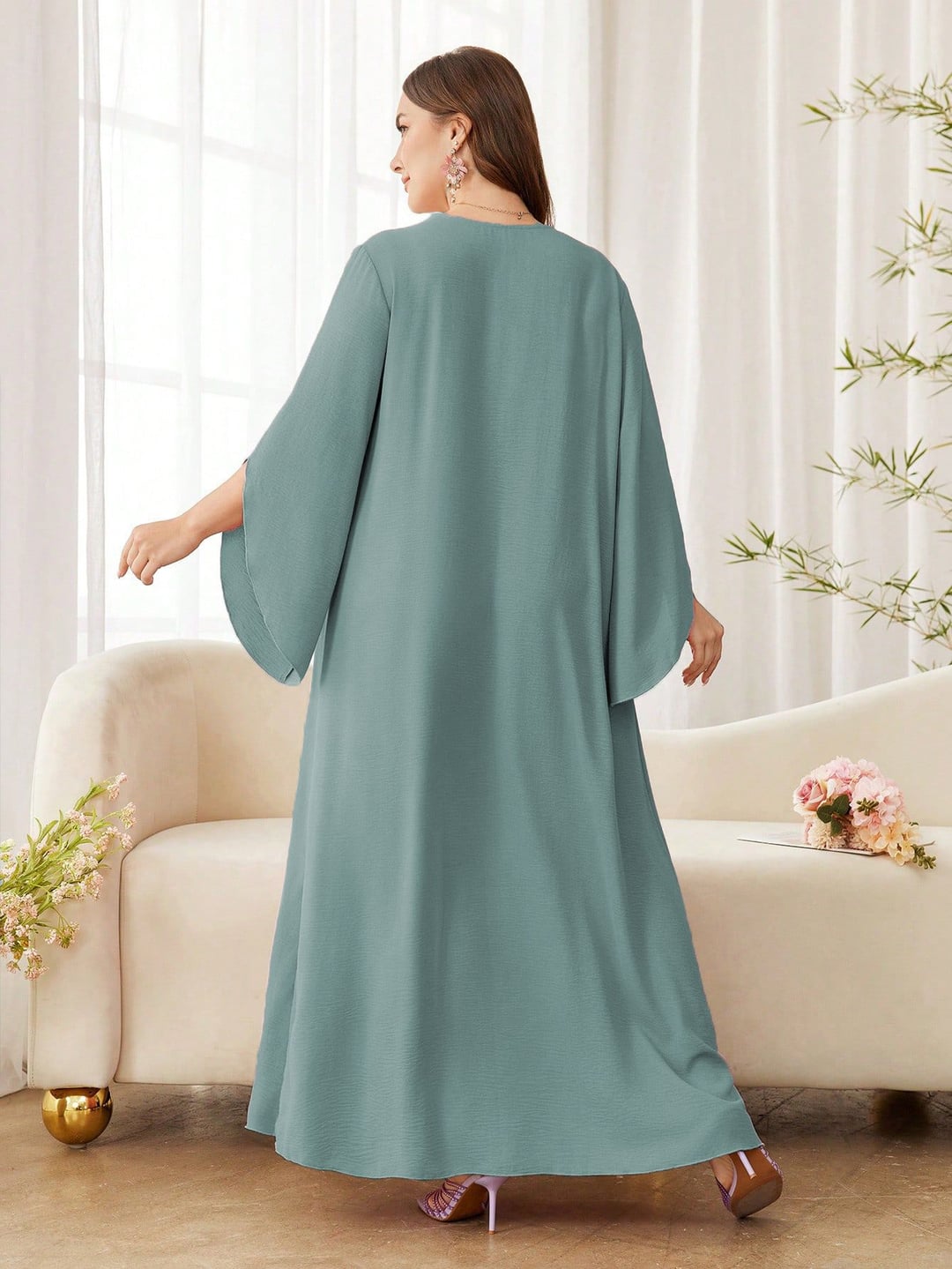 Plus Size Women Ethnic Style Loose Long Dress, V Neck