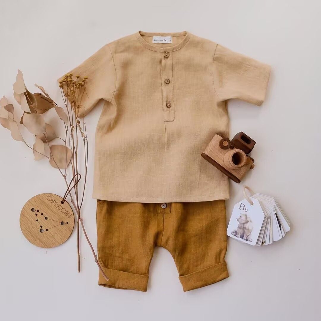 Summer Linen Cotton Boys Outfit, Solid Color Short Sleeve T-shirt + 7/8 Length Pants 2-Piece Set, Breathable Linen Cotton Toddler Baby Boys Matching Set