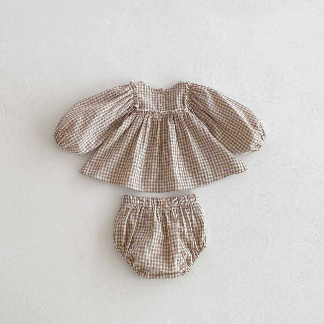 Toddler Girls 2-Piece Set, Plaid Lace Top + Lace Embroidery PP Pants, Spring Summer Korean Japanese Style Outfit