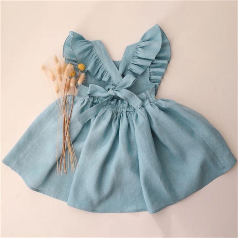 Spring & Summer Cotton Linen Baby Girls Outfit, Ruffled Princess Dress for Toddlers