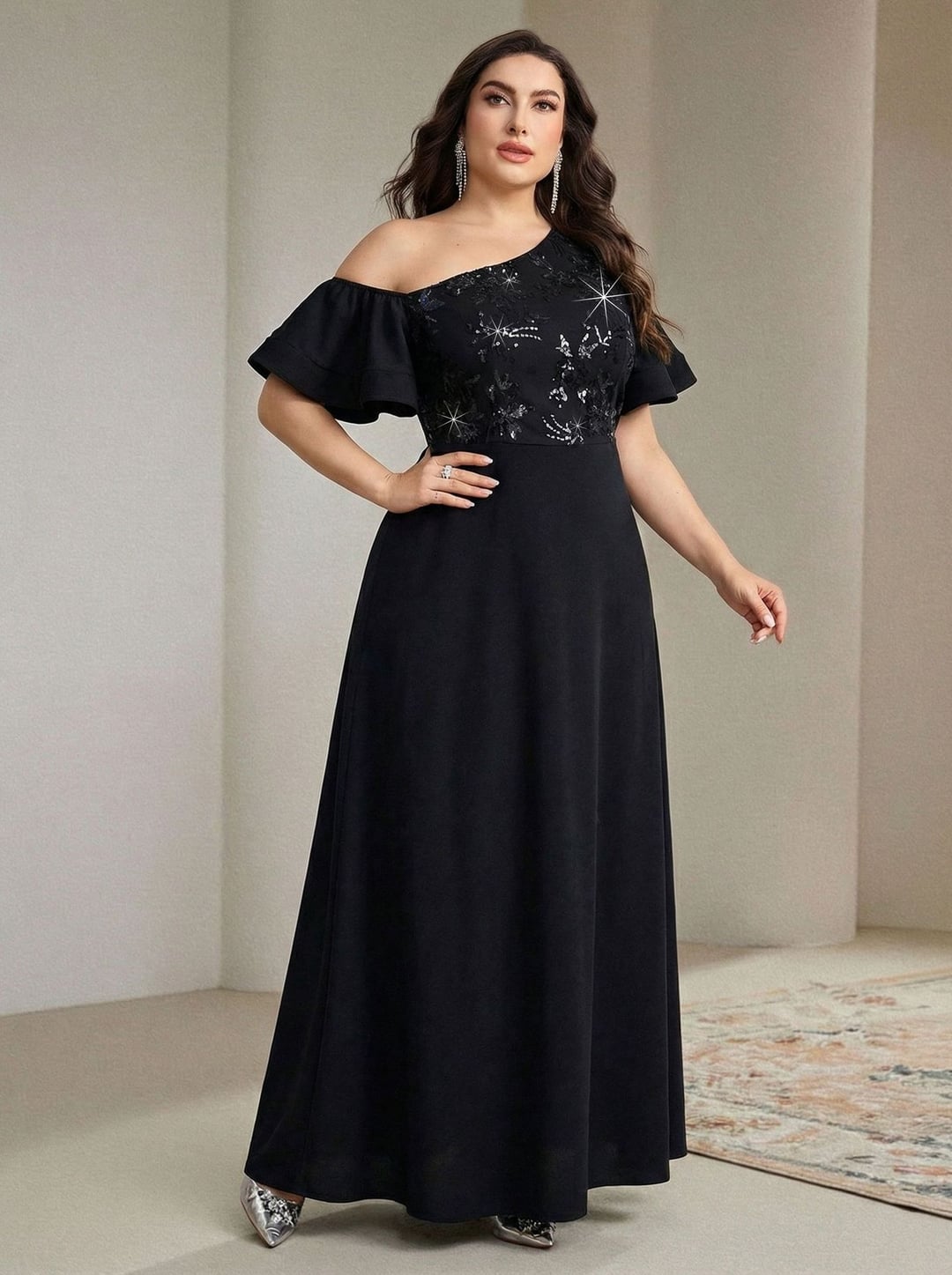 European & American One-Shoulder Flare Sleeve Sequin Embroidery Elegant Evening Dress