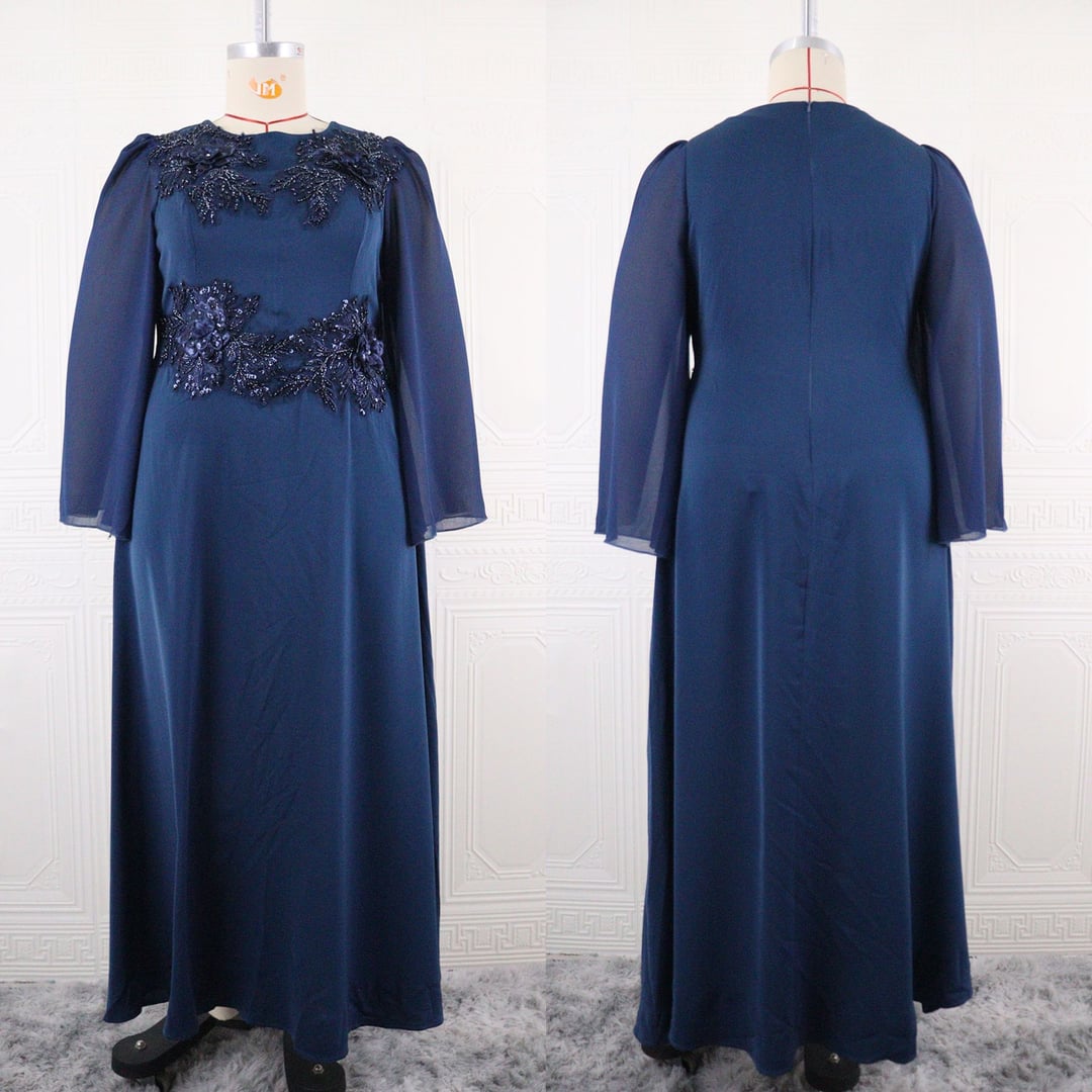 Elegant Plus Size Sequin Bridesmaid Gown, Round Neck Pearl Beaded Evening Dress