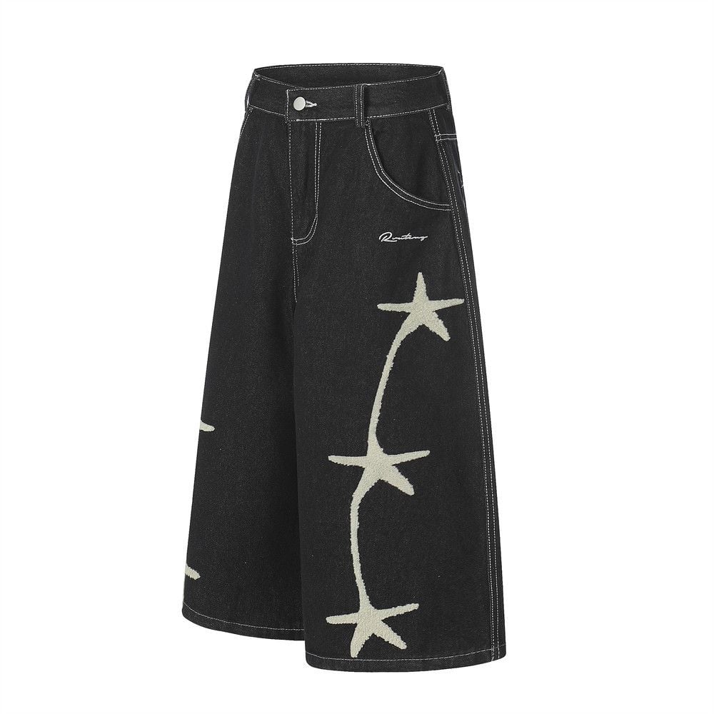 Men's Star Embroidered Wide-Leg Denim Five-Point Shorts With Designer Vibe