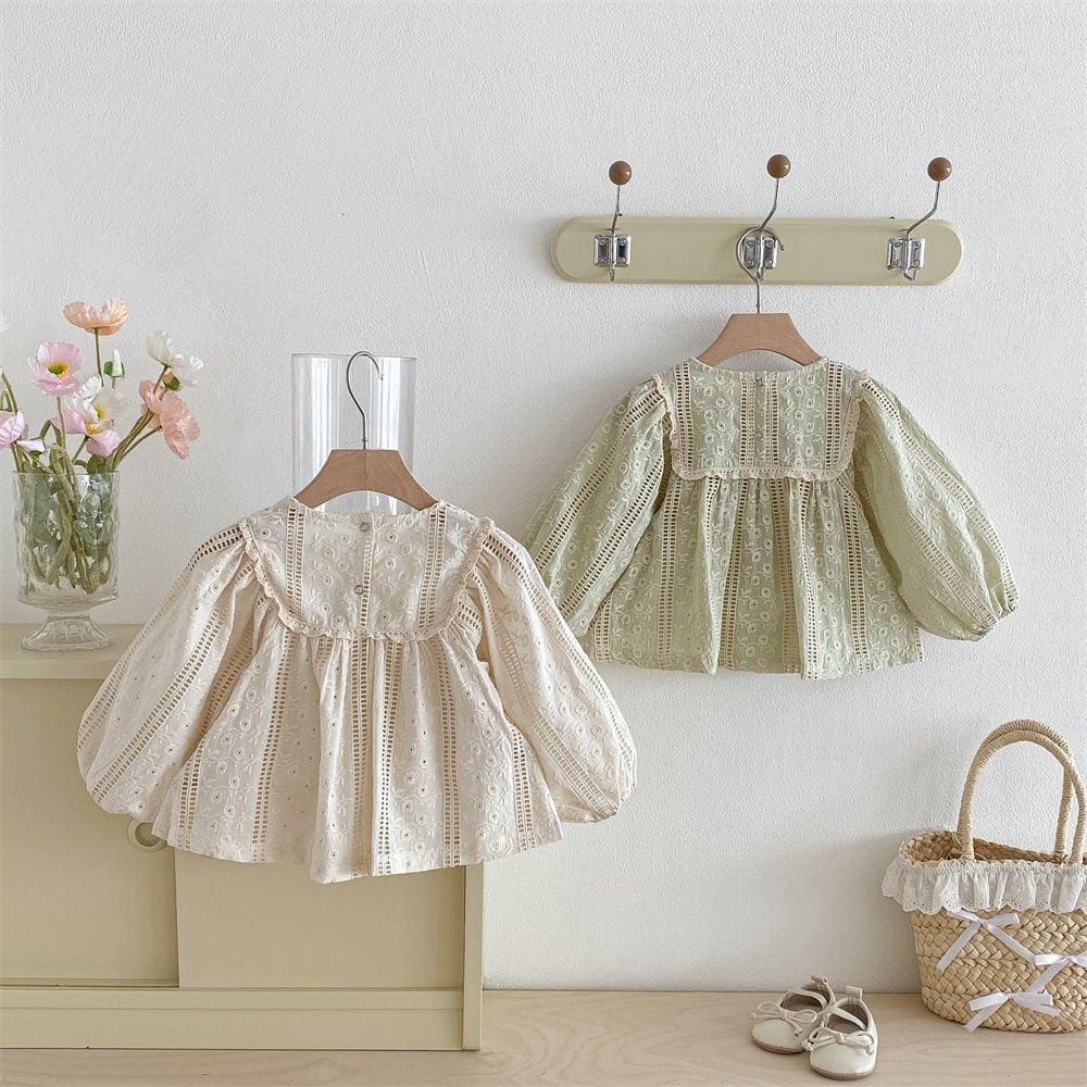Korean Style Ins Baby Girls Blouse, Lace Embroidery French Princess Doll Shirt for Spring Summer