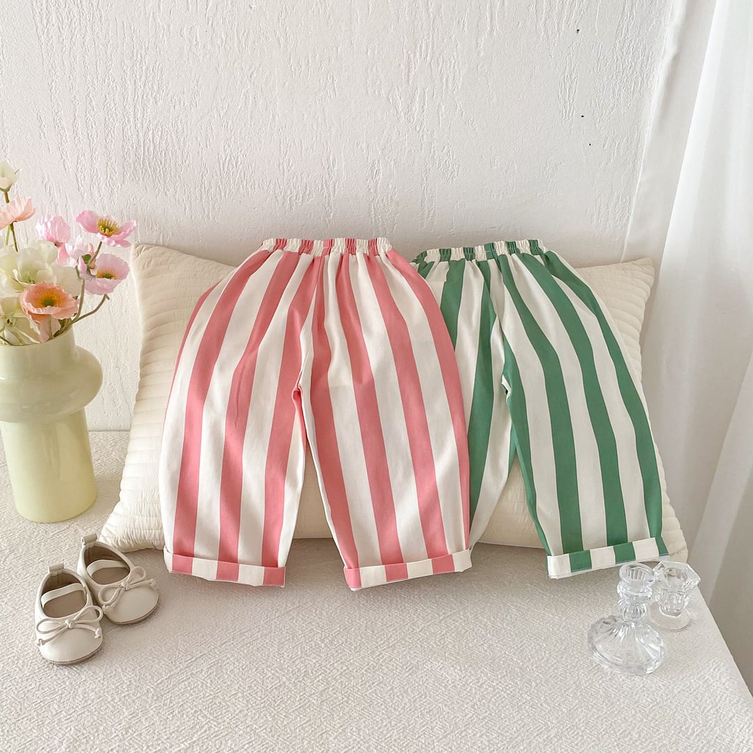 Boys & Girls Striped Drawstring Casual Pants, Loose Breathable Linen Cotton Trousers for Kids