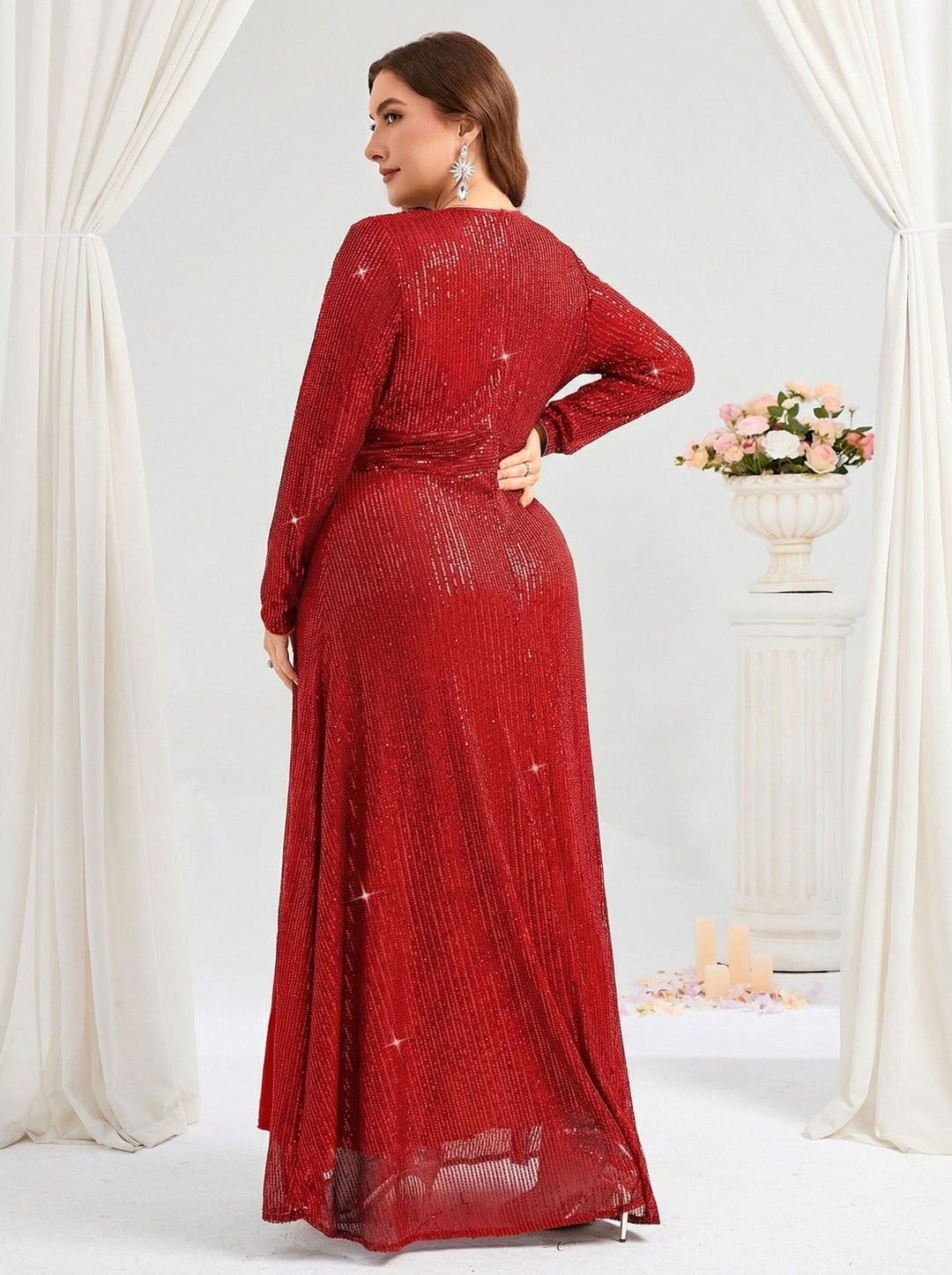 Plus Size European & American Style Evening Dress, V-Neck Long Sleeve Slit Sequin Elegant Gown