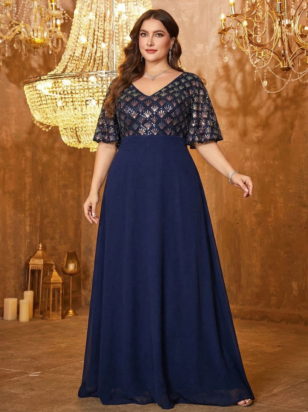European & American V-neck Long Sleeve Split Sequin Elegant Evening Dress
