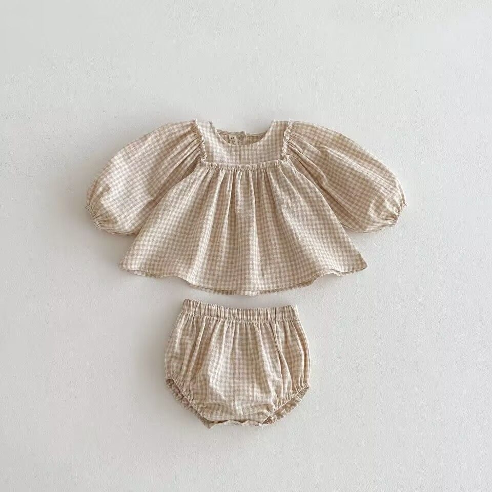 Toddler Girls 2-Piece Set, Plaid Lace Top + Lace Embroidery PP Pants, Spring Summer Korean Japanese Style Outfit