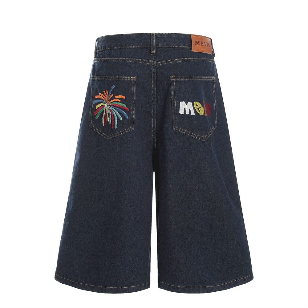 Men’s Summer Denim Mid‑Length Shorts, Firework & Letter Embroidery, Streetwear Brand Style, Washed Loose Casual Straight Wide‑Leg Jeans Shorts