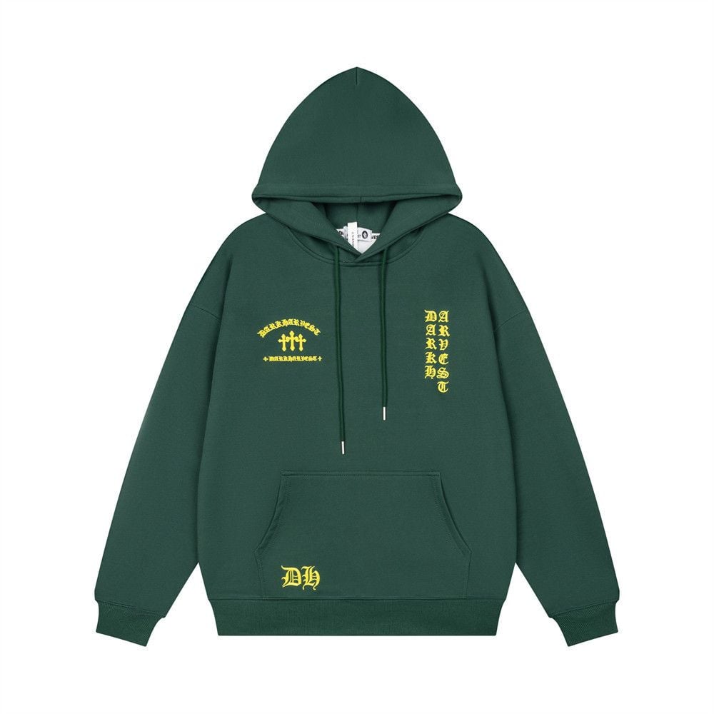 Dark Tone Cross & Sanskrit Gothic Letter Embroidered Hoodie, Men's Trendy Loose Pullover Sweatshirt Spring Autumn