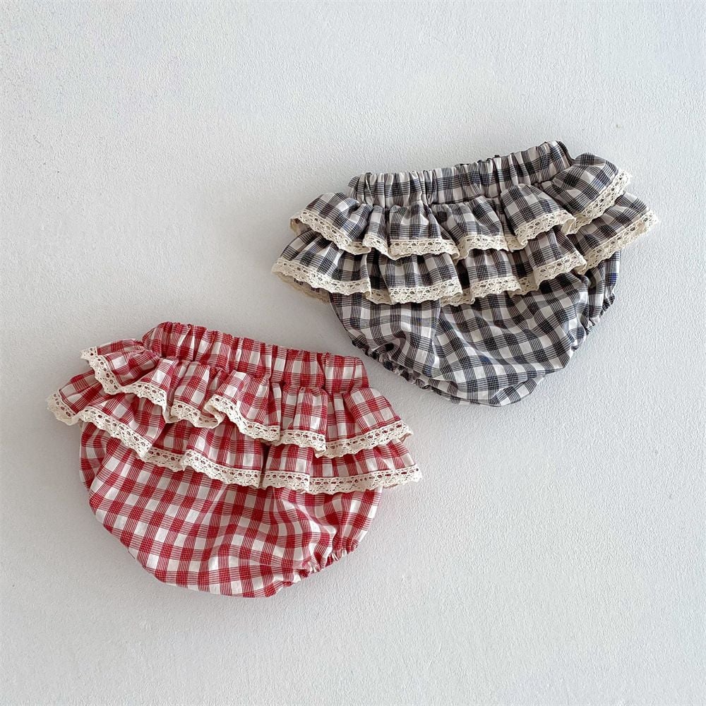 Infant Tiered Skort with Plaid & Lace, Double Ruffle Design, Loose Diaper-Friendly Shorts for Baby Girls