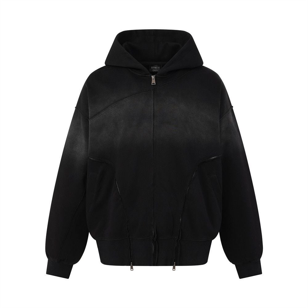 Men Hooded Jacket | Wasteland Tie‑Dye Distressed Finish, Punk Style, Multi‑Zipper Splicing, Asymmetrical Raw‑Edge Detail