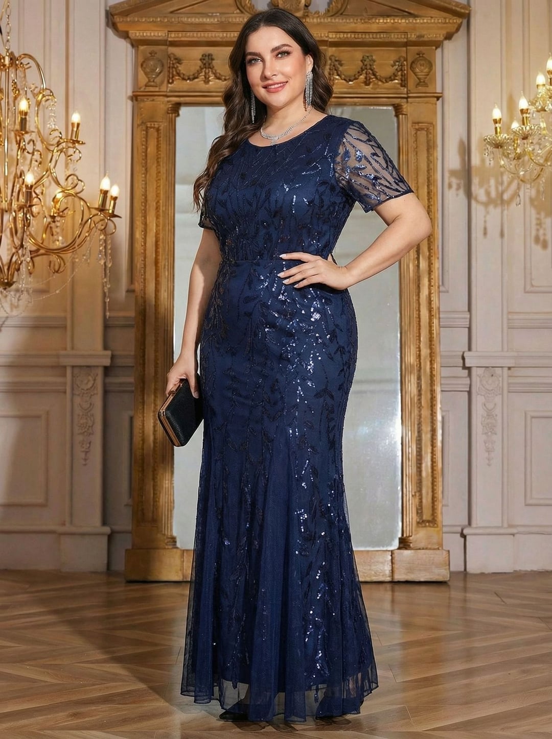 Plus Size Women Dress, European & American Style, V-neck Long Sleeve Slit Sequin Elegant Dress