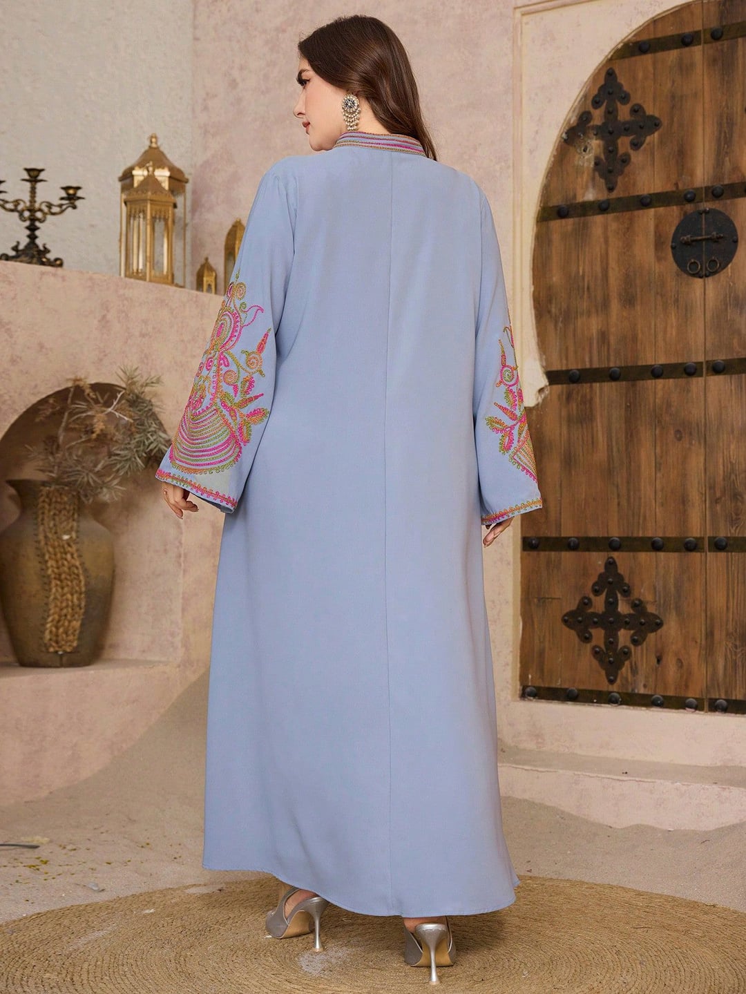 Plus size ethnic style long loose dress, small V-neck, slight satin finish