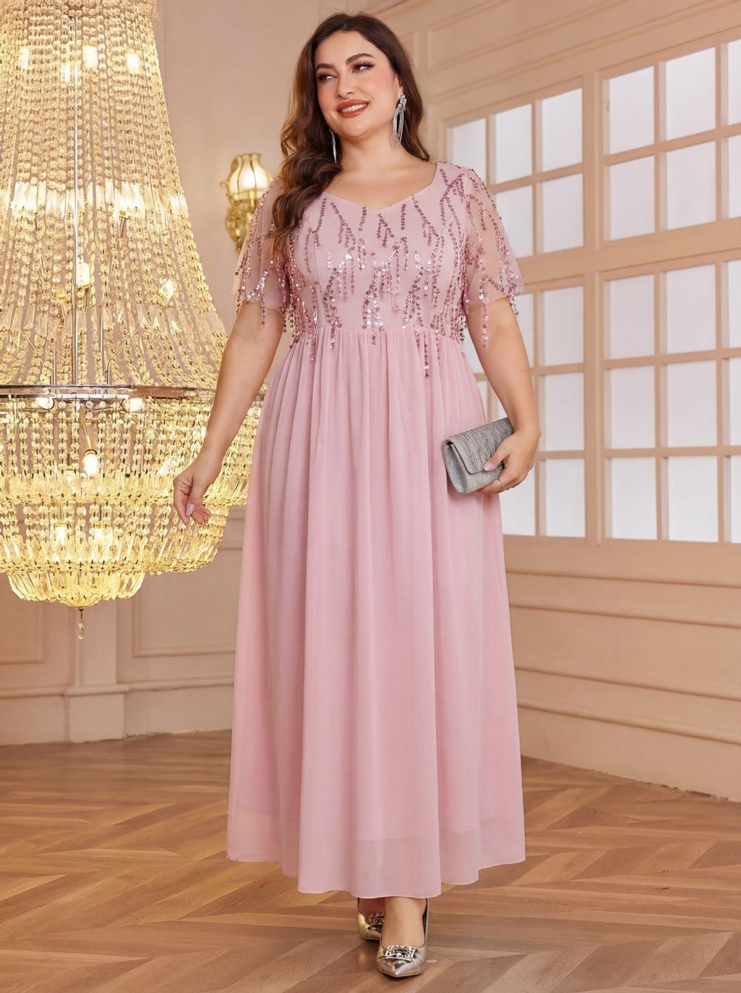 Plus Size European American Square Neck Short Sleeve Tassel Sequin Top