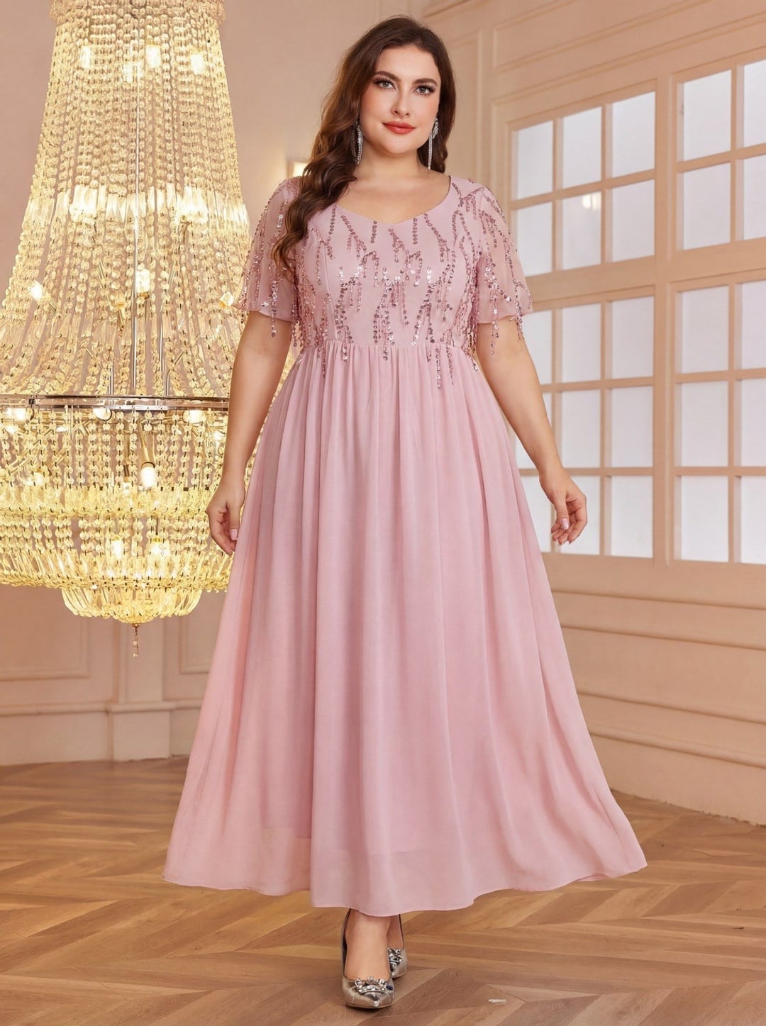 Plus Size European American Square Neck Short Sleeve Tassel Sequin Top
