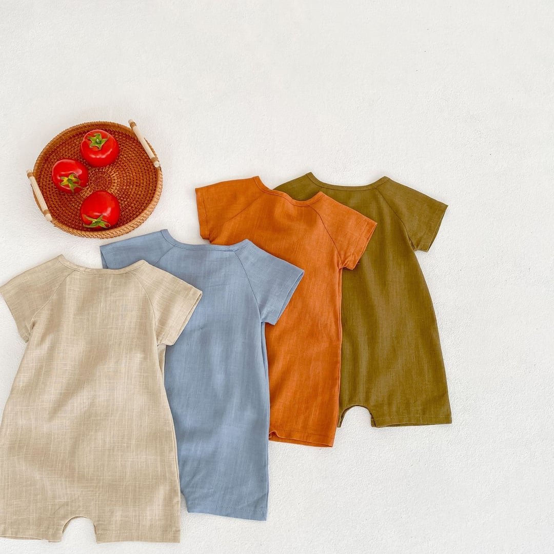 Cotton Linen Baby Romper, Boys Traditional Tie Design Jumpsuit, Infant Short Sleeve Onesie