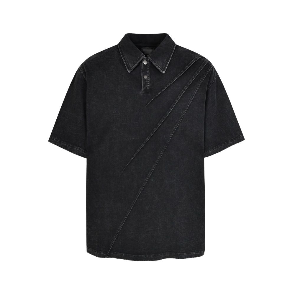 Men's Heavyweight Washed Vintage Collared Short Sleeve T-Shirt, Irregular Layered Design