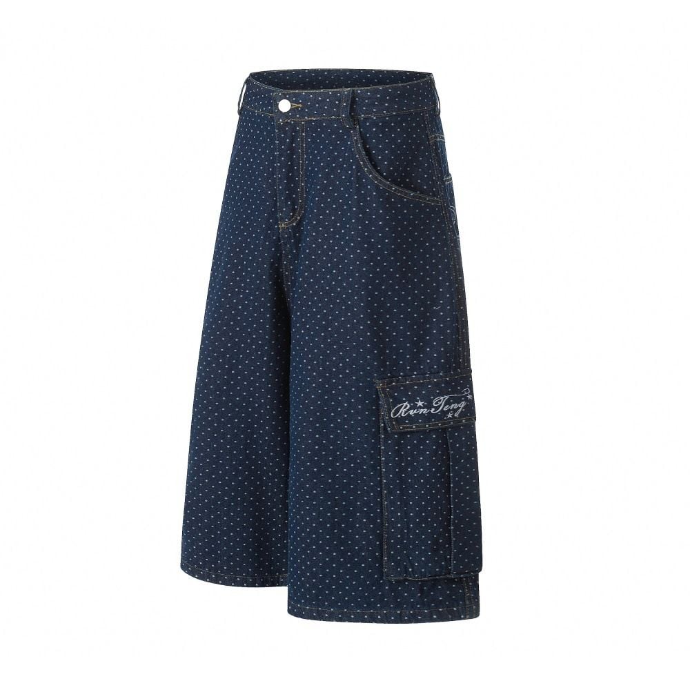 Men's European American trendy brand full print polka dot cargo denim seven-point shorts