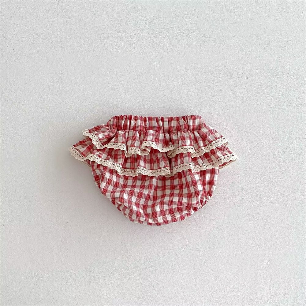 Infant Tiered Skort with Plaid & Lace, Double Ruffle Design, Loose Diaper-Friendly Shorts for Baby Girls