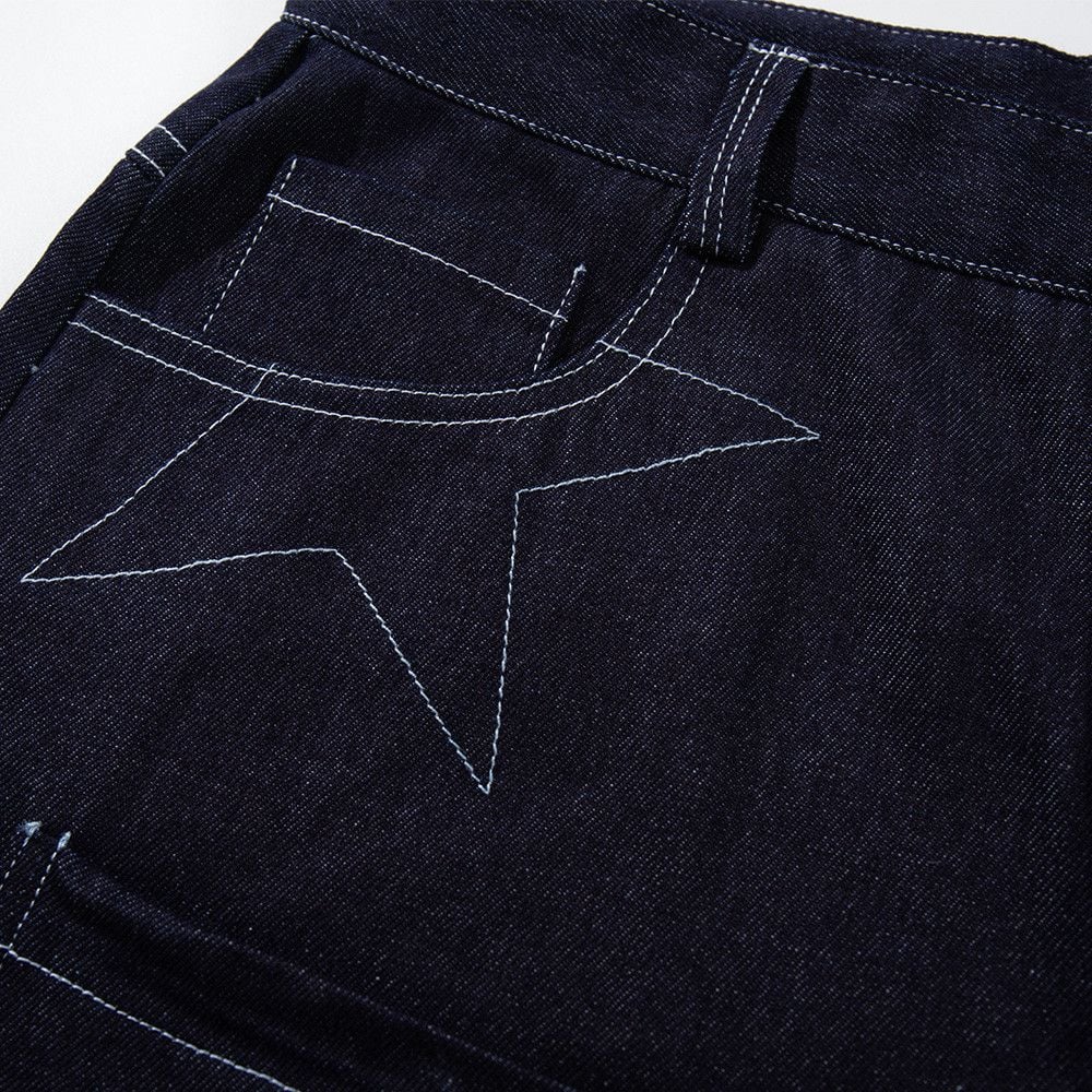 Men’s Summer Denim 5‑Inch Shorts, Loose Straight‑Fit, Star Topstitching Detail, Niche Stylish Multi‑Pocket Design