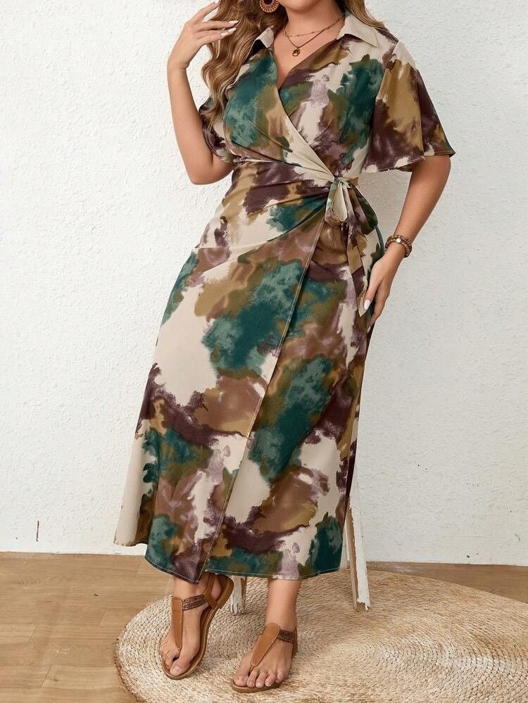 Plus Size Women's European Style Tie-dye Print V-neck Waist Tie Dress