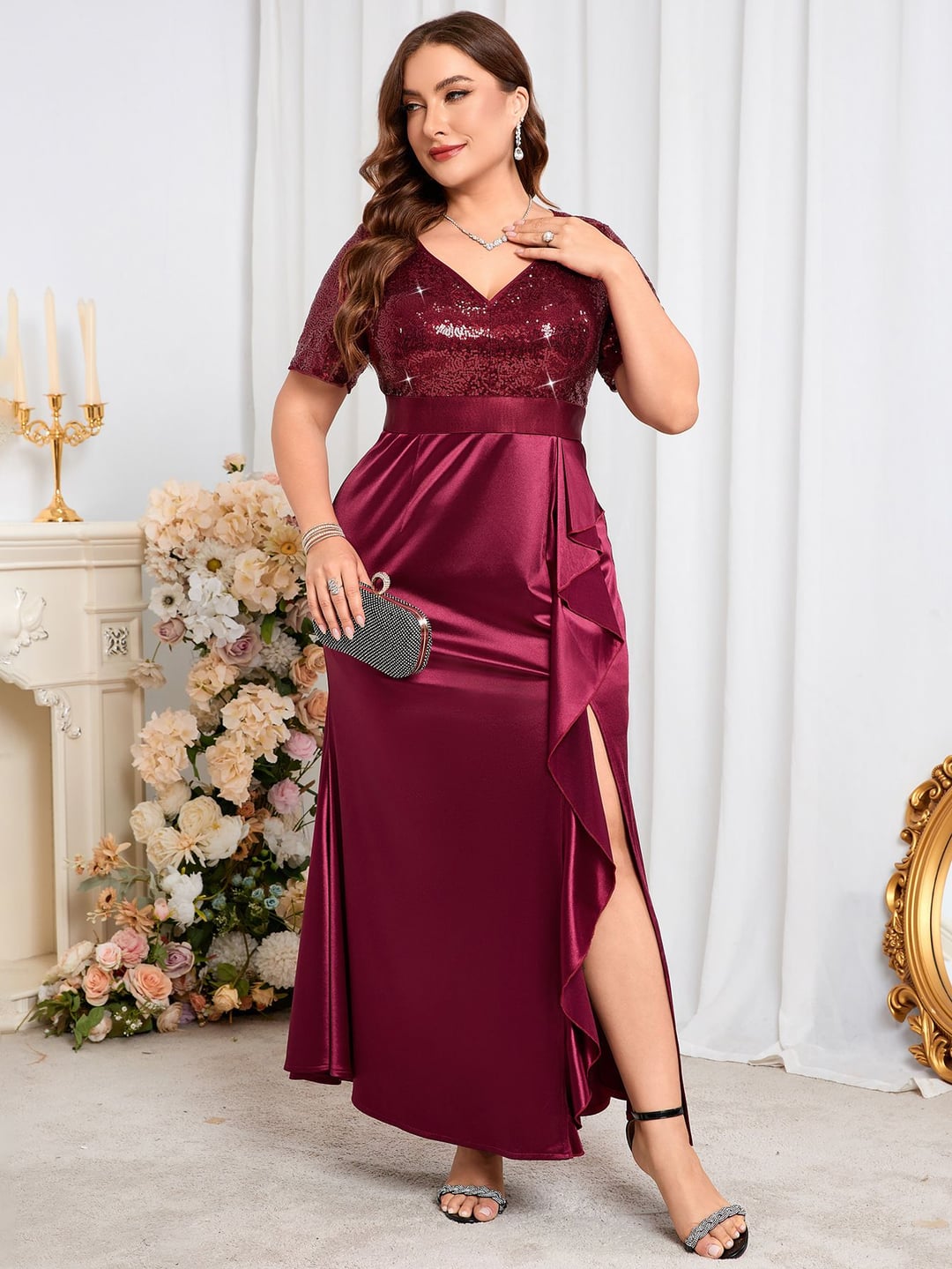 Plus Size Women V-Neck Short Sleeve Split Sequin Elegant Dress