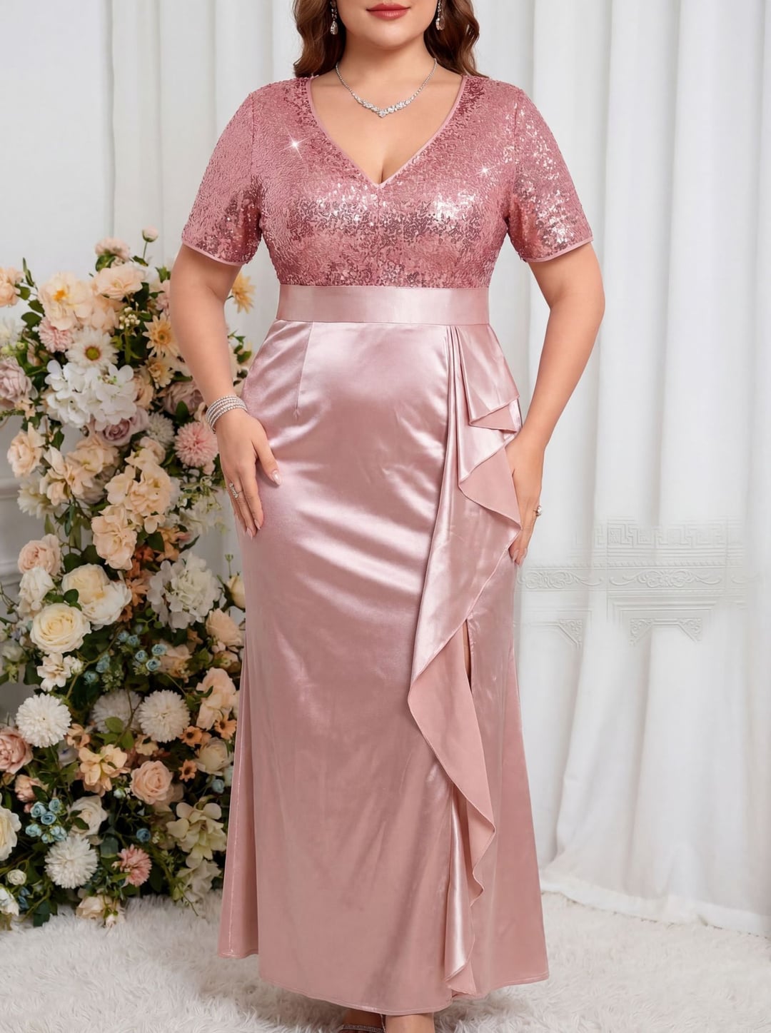 Plus Size Women V-Neck Short Sleeve Split Sequin Elegant Dress
