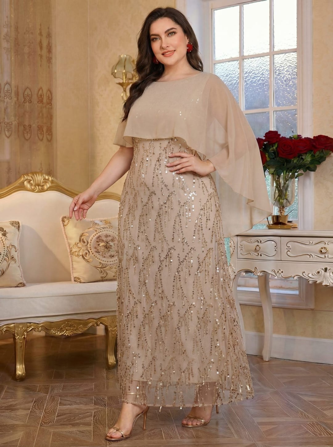 Plus Size Sequin Cami Dress With Shawl For Women