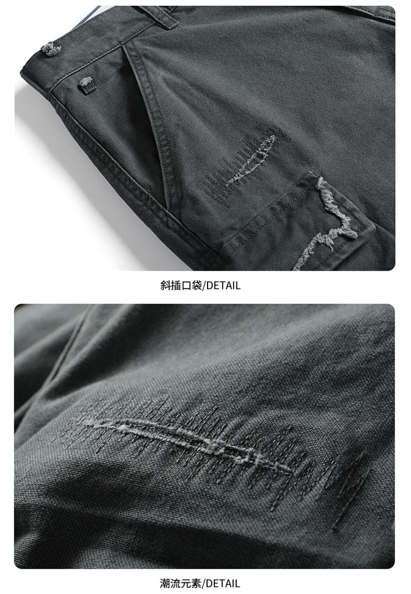 Men’s Summer Cargo 5‑Inch Shorts, American High‑Street Vibe Style, Solid Color, Ripped & Patchwork Design, Loose Casual Fit