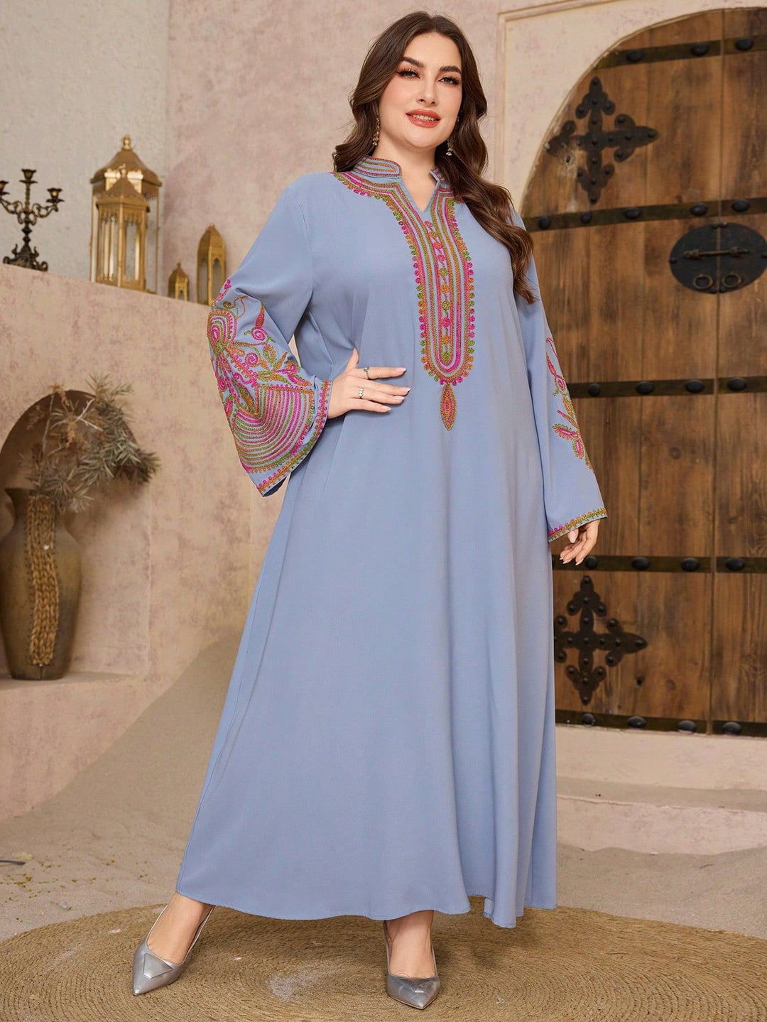 Plus size ethnic style long loose dress, small V-neck, slight satin finish