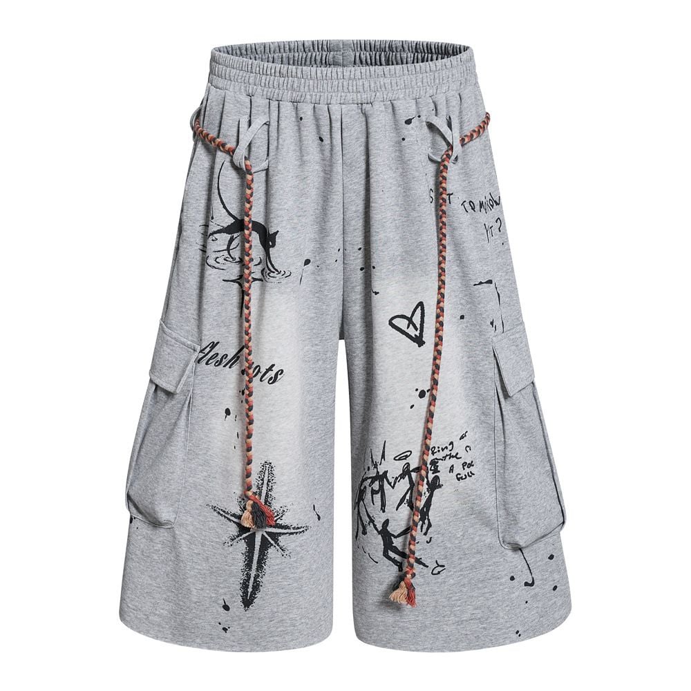 Men Hand‑Drawn Graffiti Washed Cargo 3/4 Shorts, Drawstring Multi‑Pocket Loose Wide‑Leg Streetwear