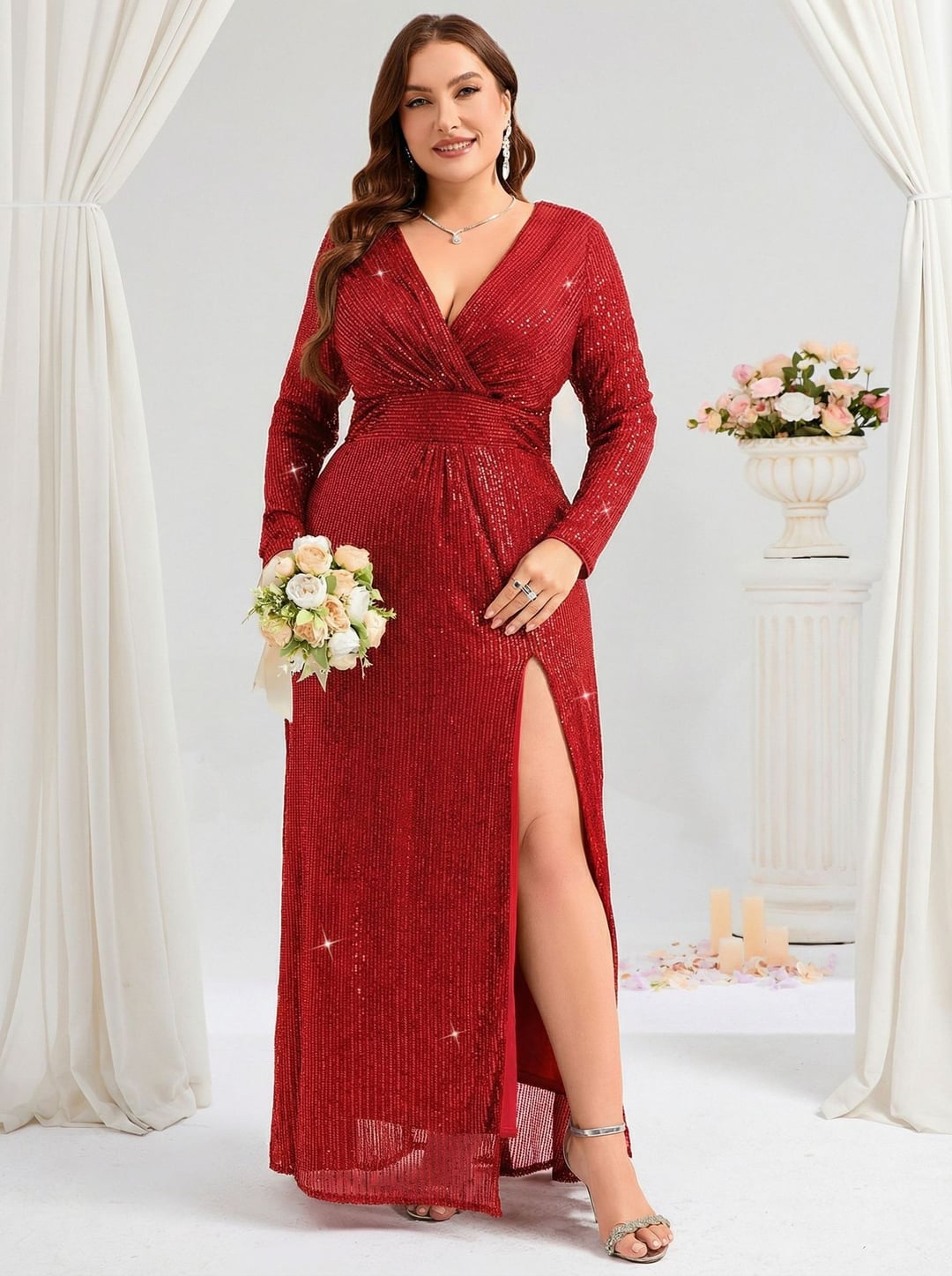 Plus Size European & American Style Evening Dress, V-Neck Long Sleeve Slit Sequin Elegant Gown