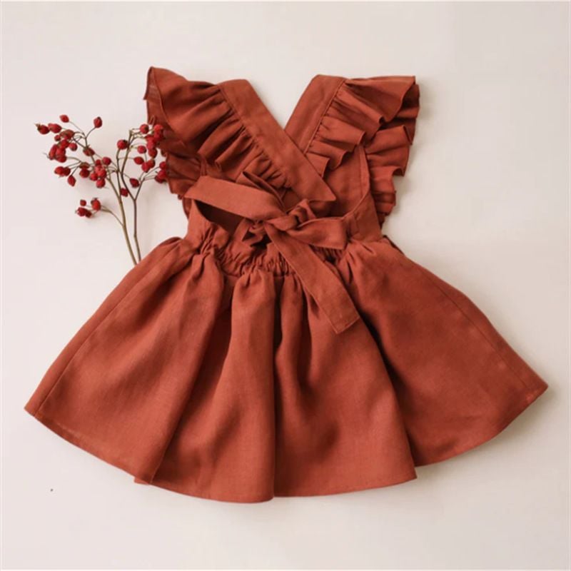 Spring & Summer Cotton Linen Baby Girls Outfit, Ruffled Princess Dress for Toddlers