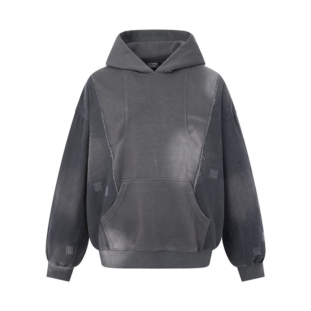 Men Wasteland Vintage Dirty‑Wash Pullover Hoodie, Deconstructed Canvas Splicing, Raw‑Edge Distressed Loose Street‑wear Sweatshirt for Spring Autumn