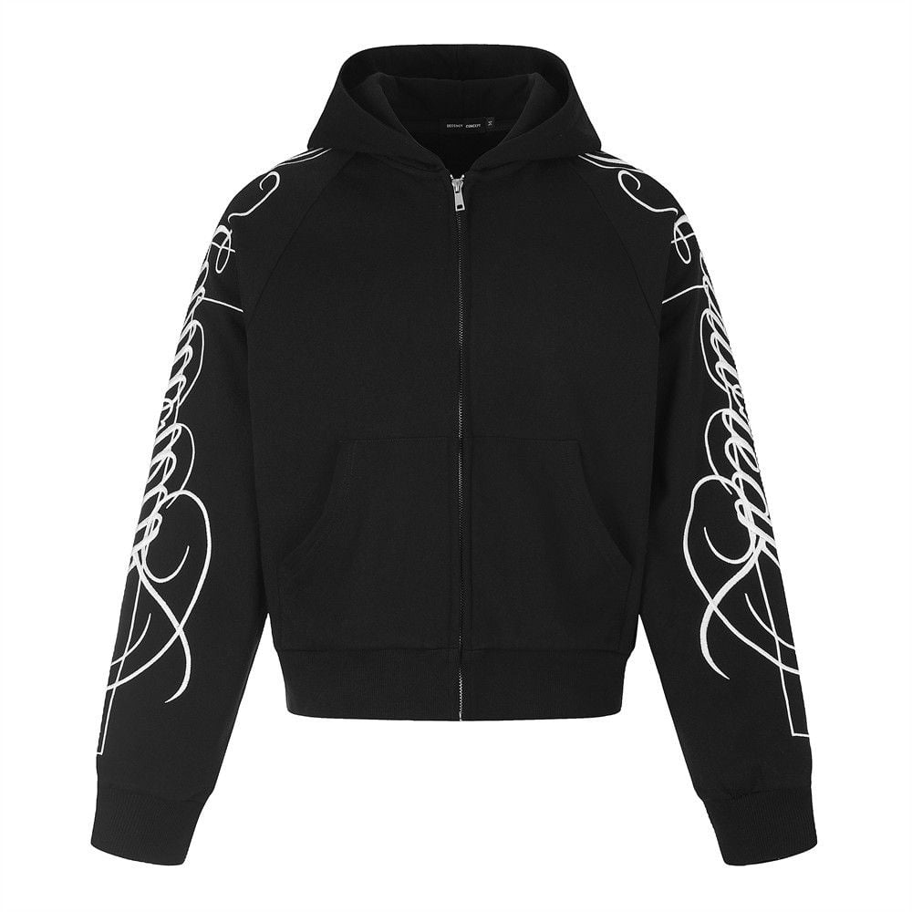 Men’s Zip‑Up Hoodie, High‑Street Streetwear Brand With Cursive Letter Embroidery, Stylish Design Casual Sweatshirt Jacket for Spring & Autumn