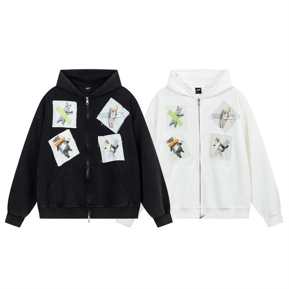 Men’s Color‑Block Patch Cat Graphic Zip‑Up Hoodie, Hip‑Hop Loose Casual Sweatshirt