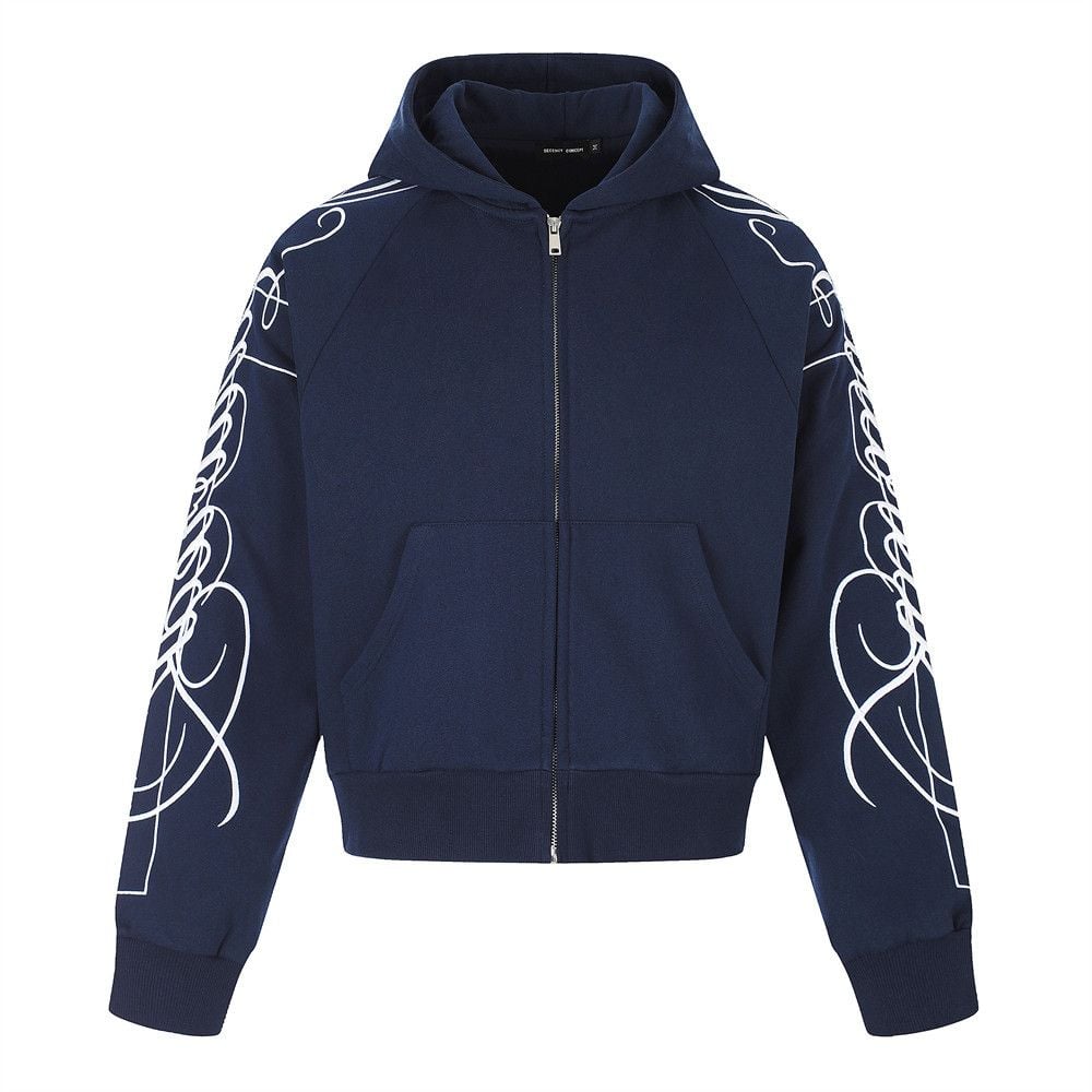 Men’s Zip‑Up Hoodie, High‑Street Streetwear Brand With Cursive Letter Embroidery, Stylish Design Casual Sweatshirt Jacket for Spring & Autumn