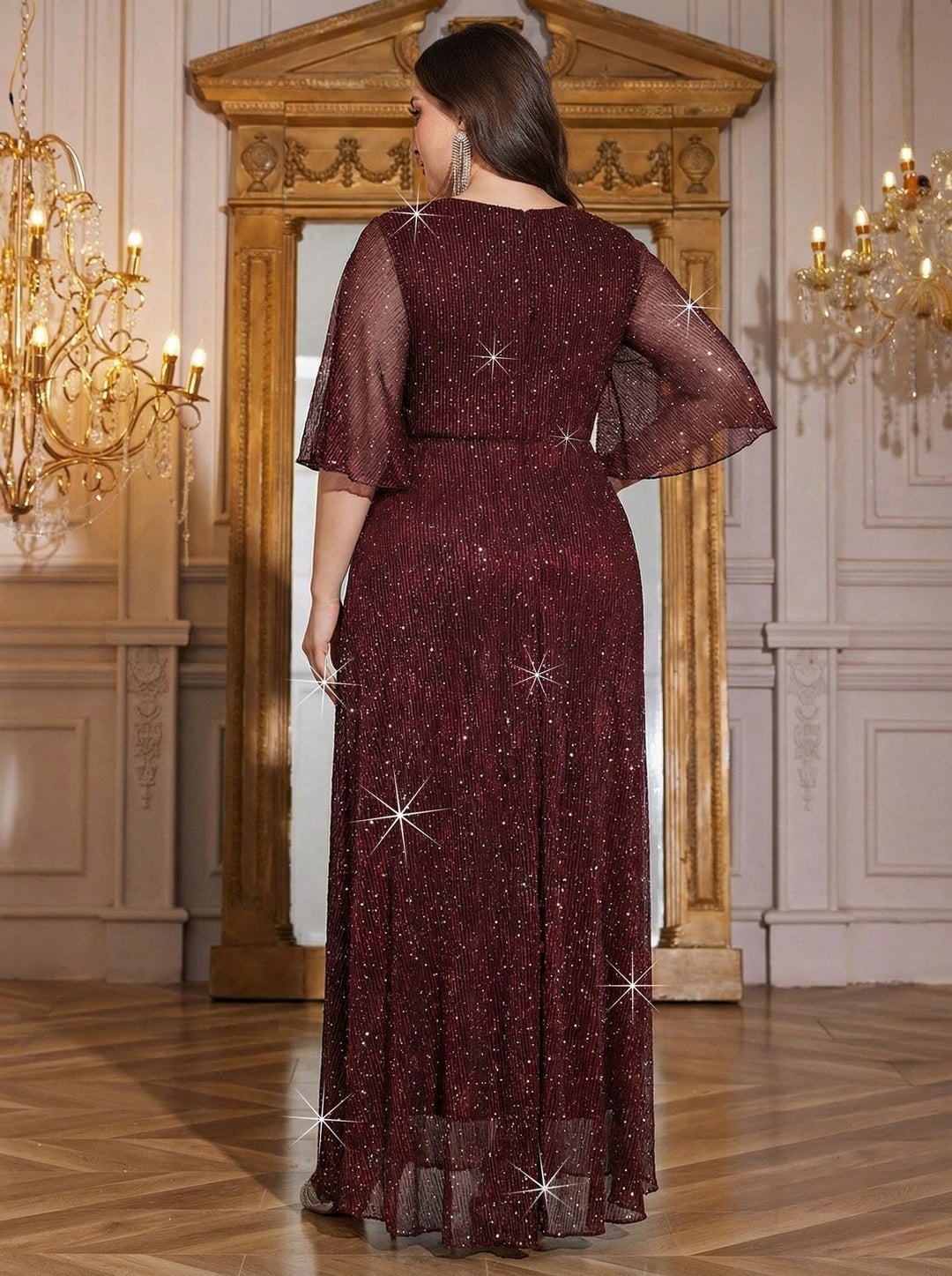 Plus Size Women European Style V-neck Long Sleeve Slit Sequin Elegant Dress