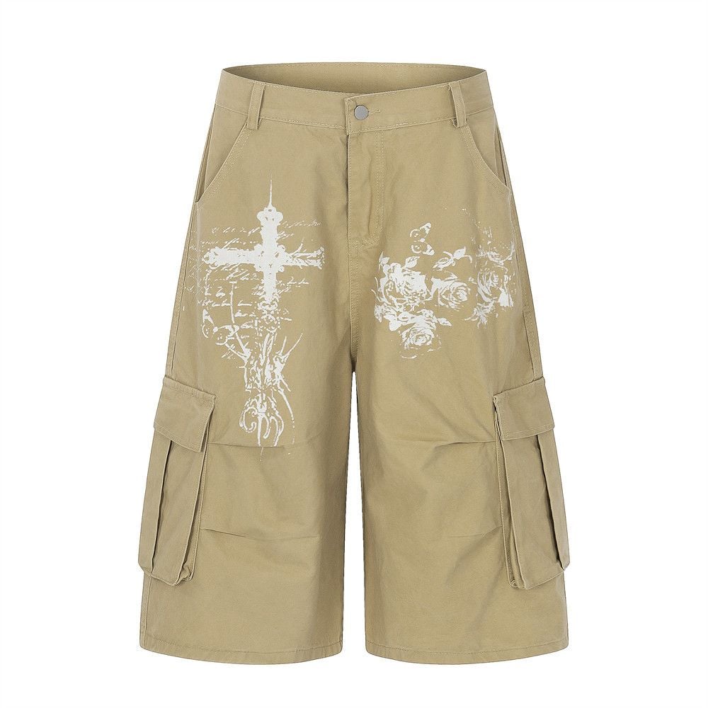 Men's American High Street Cross Printed Cargo Five-Point Shorts Summer