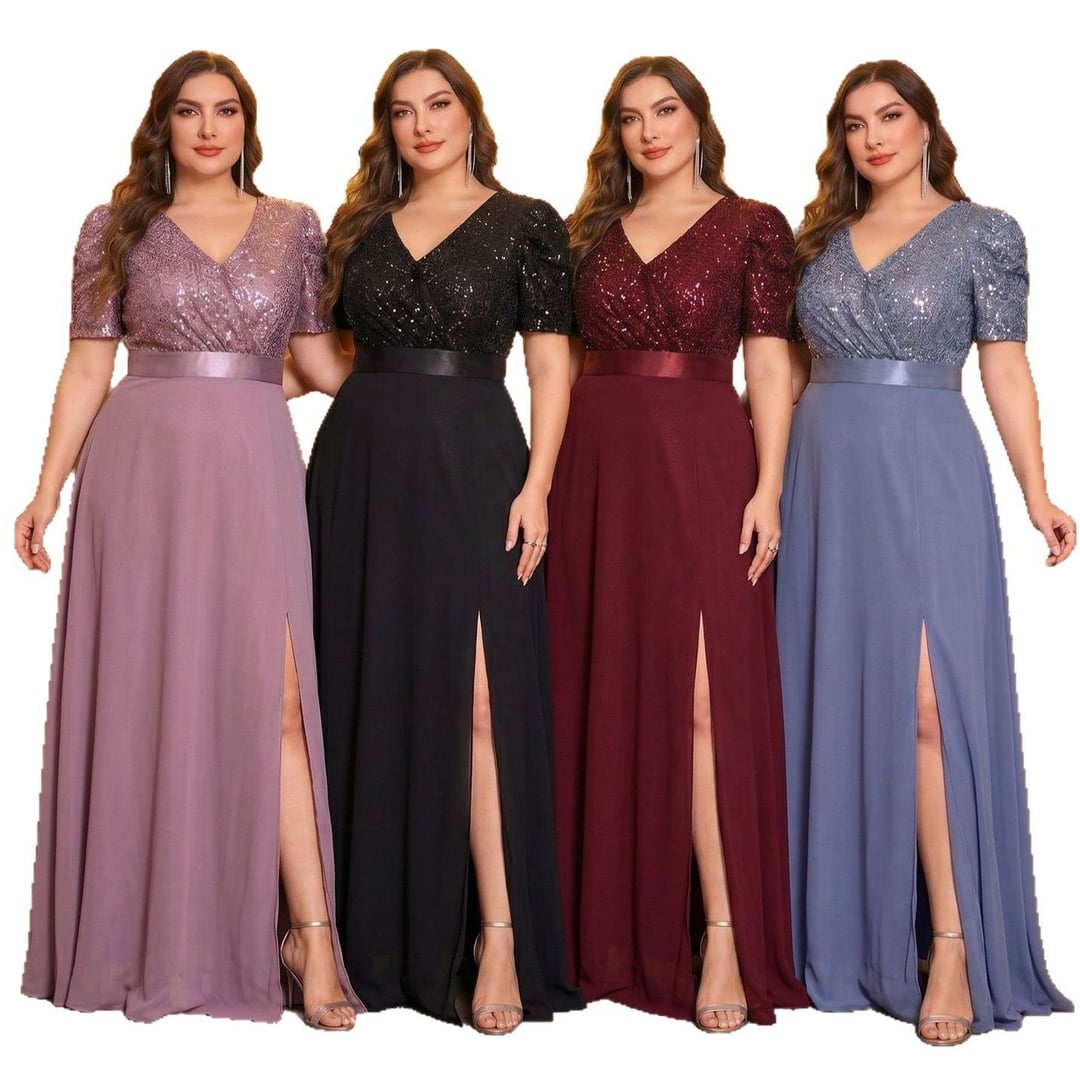 Plus Size European American V-Neck Long Sleeve Split Sequin Elegant Evening Dress