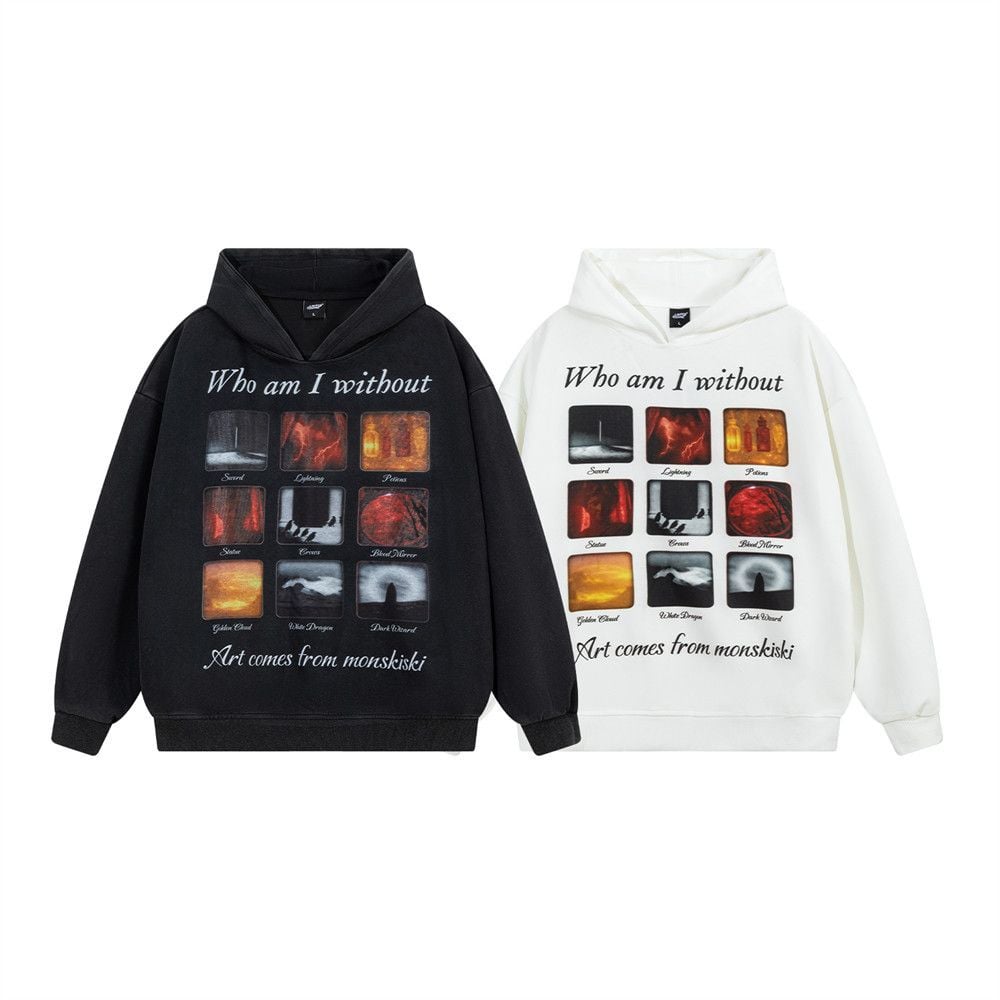 Men Creative 9‑Grid Graphic Print Pullover Hoodie, Washed Loose Hip‑Hop Street‑Style Sweatshirt for Spring Autumn