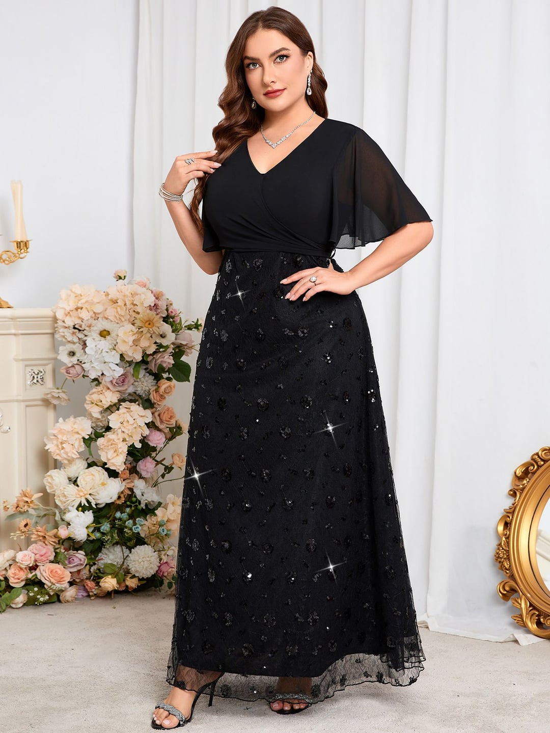 Sequin Chiffon Bridesmaid Dress Short Sleeve Waist Evening Gown