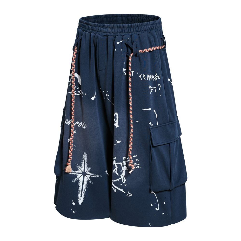 Men Hand‑Drawn Graffiti Washed Cargo 3/4 Shorts, Drawstring Multi‑Pocket Loose Wide‑Leg Streetwear