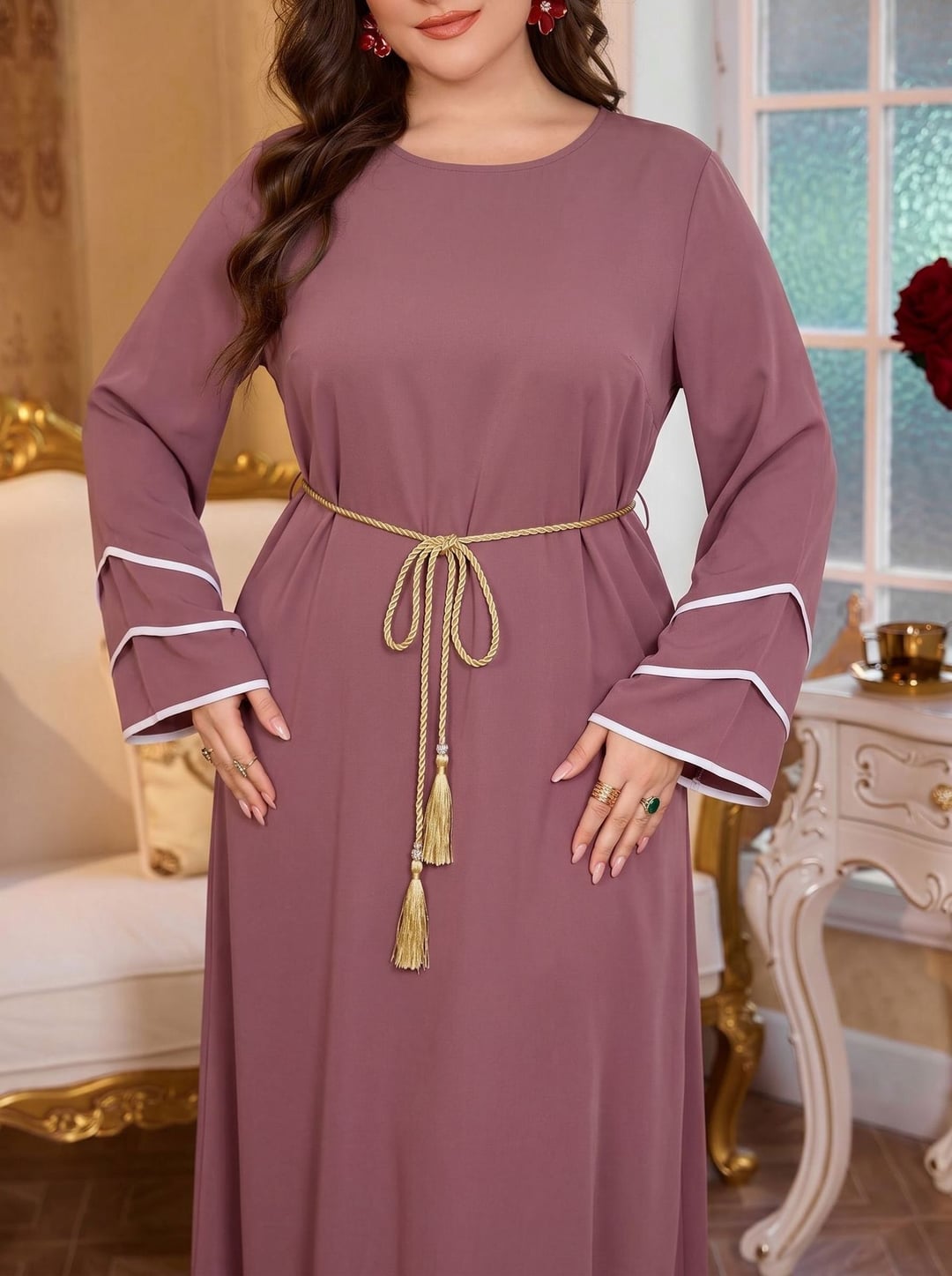 Plus Size Women Ethnic Style Long Loose Dress With Golden Waist Belt