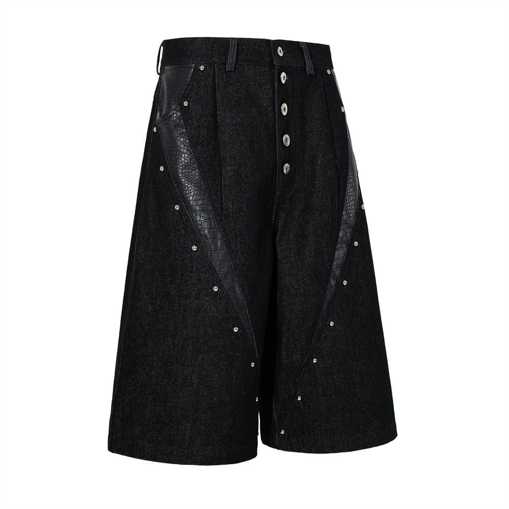 Men’s Summer Design‑Forward Denim 5‑Inch Shorts, Stud & Croc‑Embossed PU Leather Splicing, Button‑Placket Straight‑Cut High‑Street Trendy Shorts