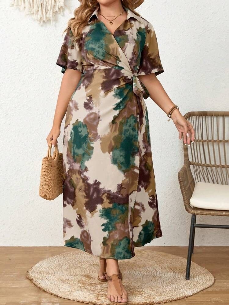 Plus Size Women's European Style Tie-dye Print V-neck Waist Tie Dress