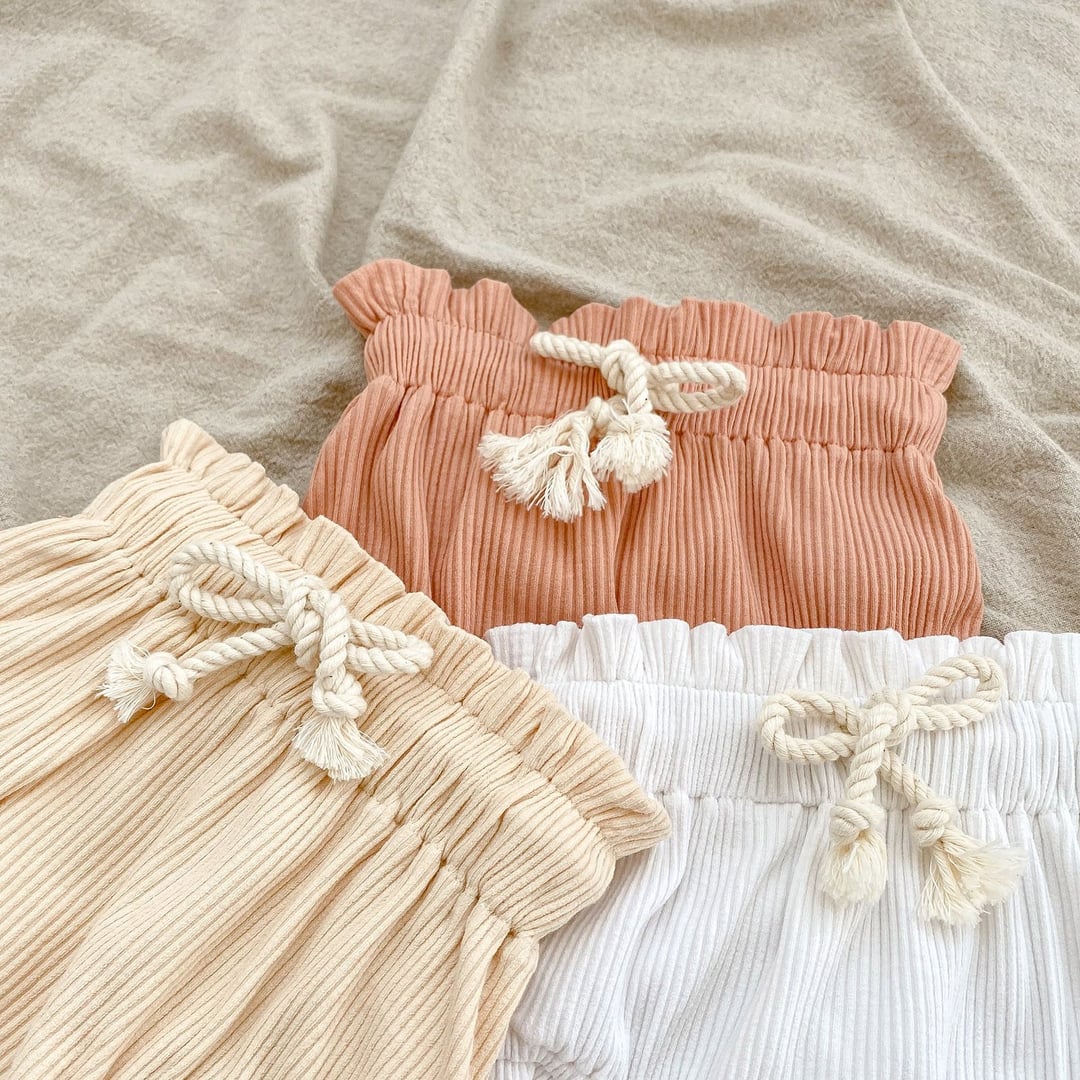 Ribbed Baby Romper Set, Ruffle Trim Girls Onesie with Drawstring Big Butt Pants, Spring Summer Outfit